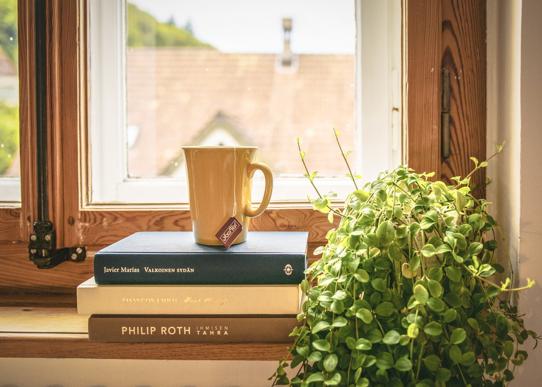 Tasse de thé posée sur des livres devant une fenêtre