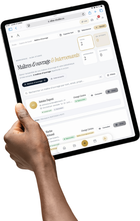 ALBA Studio sur tablette — maîtres d'ouvrage & intervenants